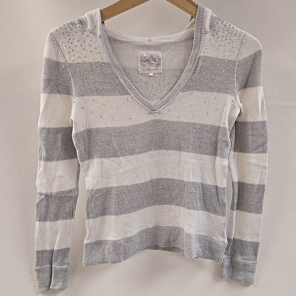 Justice Hooded Sweater Gray And White Stripes Long Sleeve Sz. 14 Hoodie Shirt
